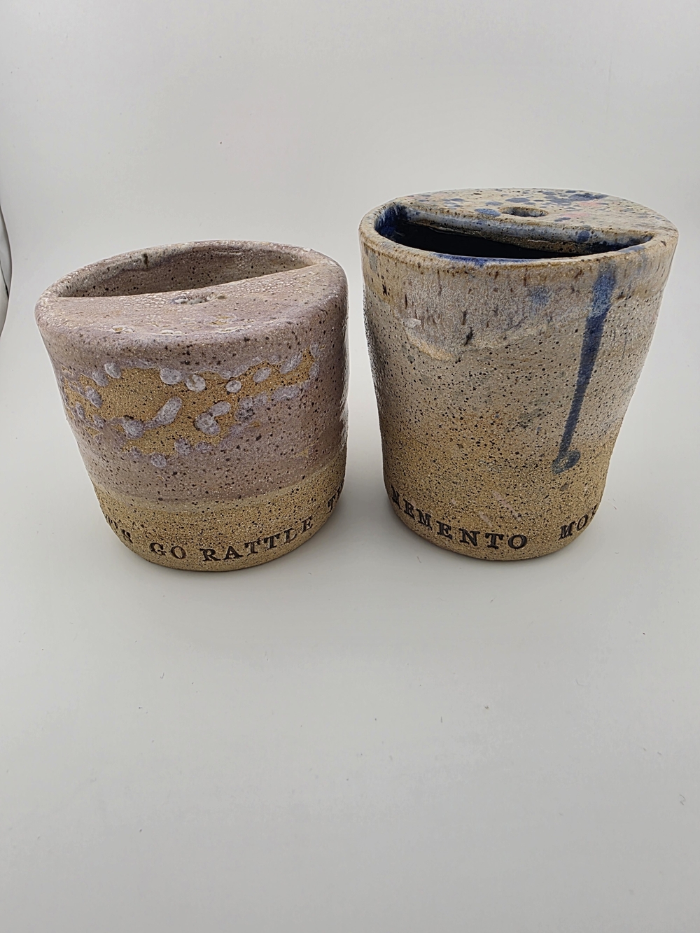 Handmade Stoneware Pottery Cups Vessels Set of 2 Beige Lavender